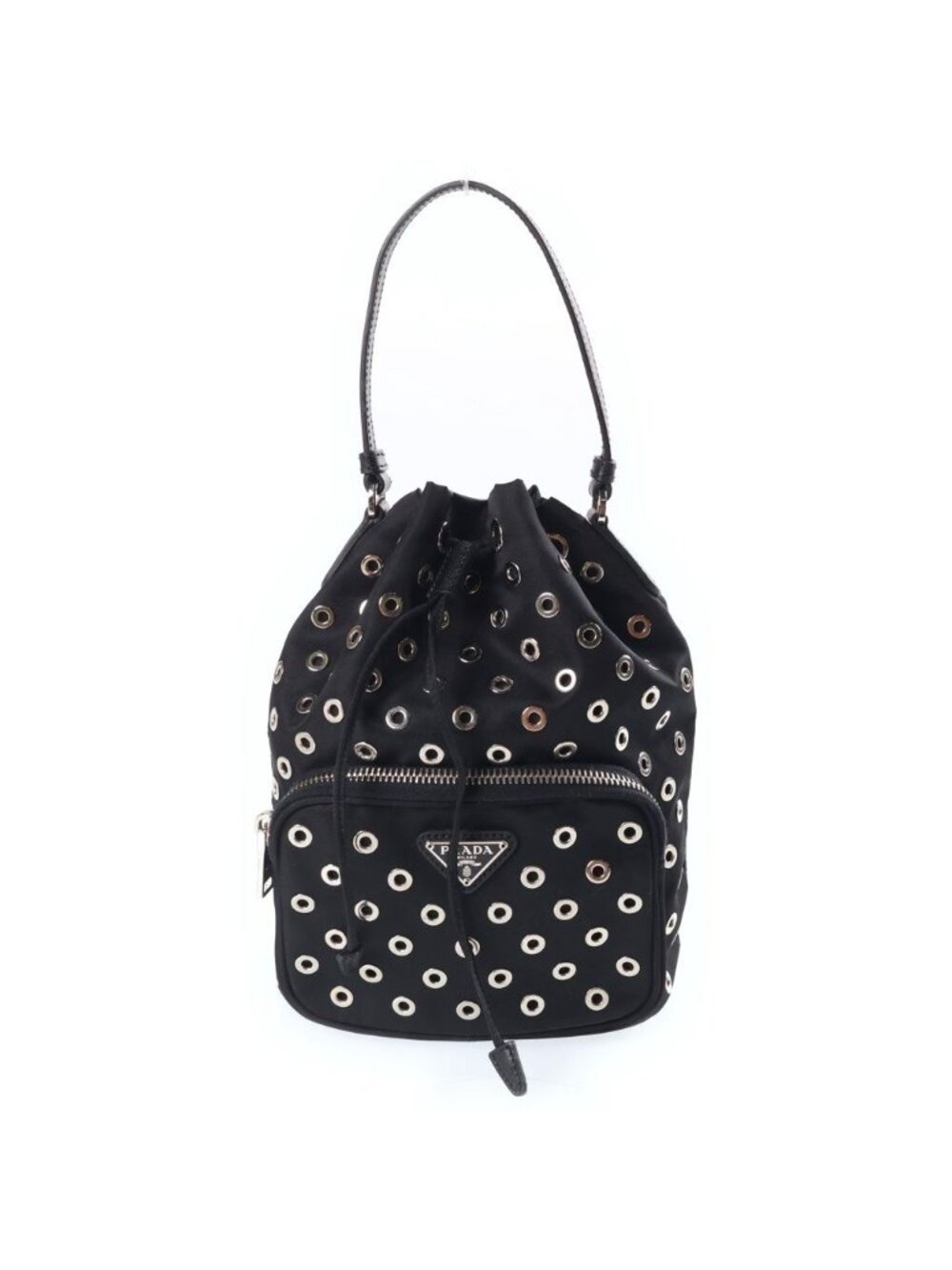 Prada Perforated 2-Way Shoulder Bag Black Leather Nylon Silver
